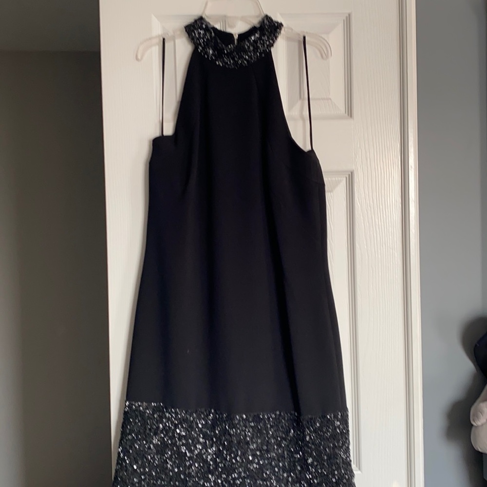 Black sleeveless Theia cocktail dress